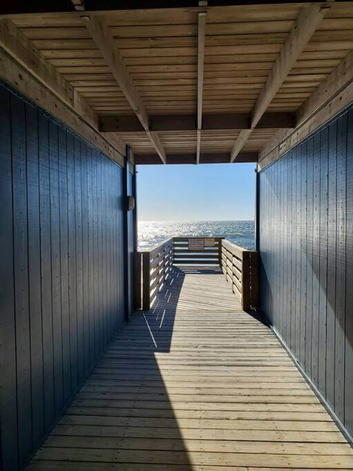 A wooden walkway leads guests out toward the ocean, with blue-walled structures framing the path and an expansive ocean view ahead. The scene captures the transition from private retreat to open shoreline, inviting couples to step outside and explore.